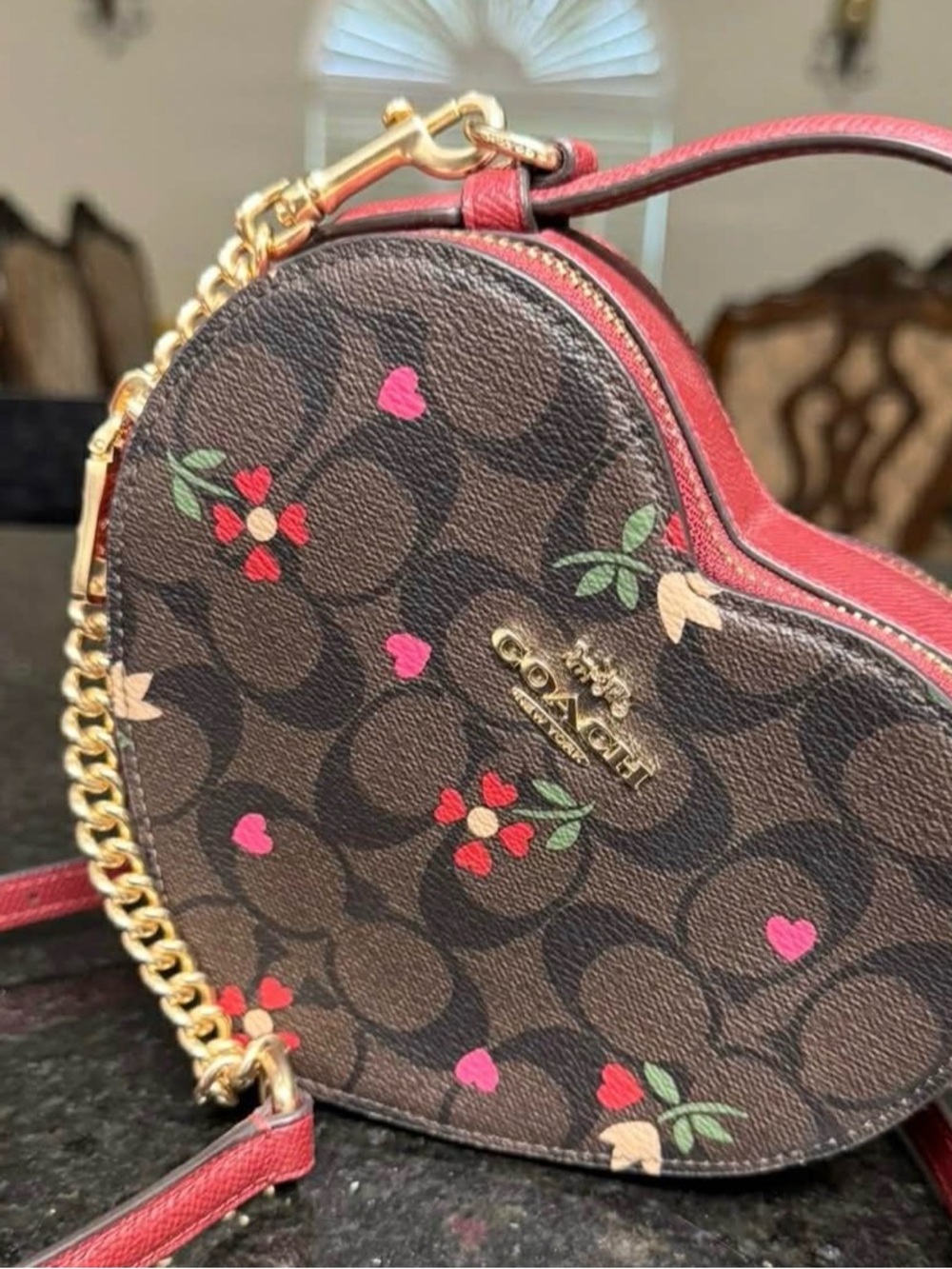 Coach Heart Crossbody Bag in Brown with Pink & Red Accents